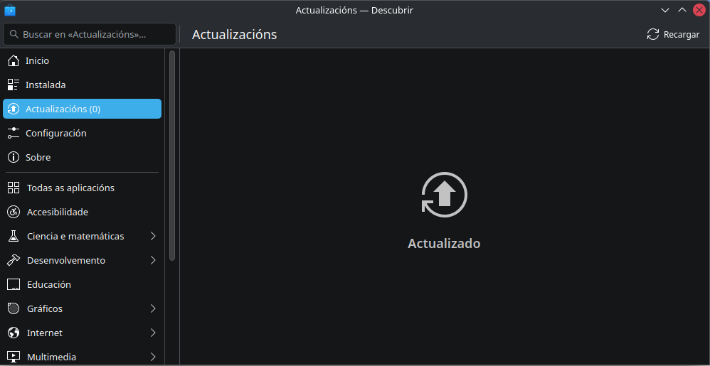 Captura de pantalla da parte de actualizacións da app Descubrir de Plasma