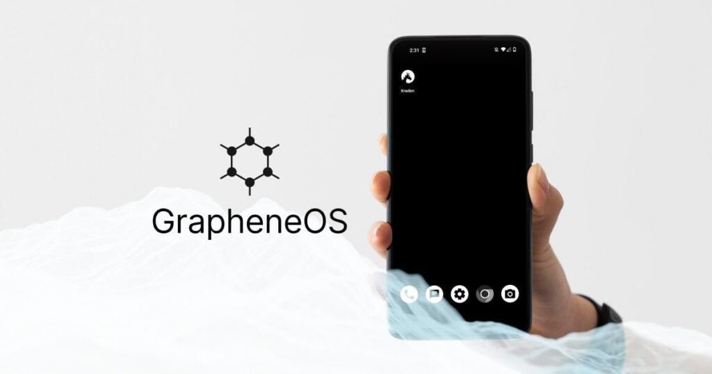 Imaxe dun teléfono co logo de GrapheneOS ao lado