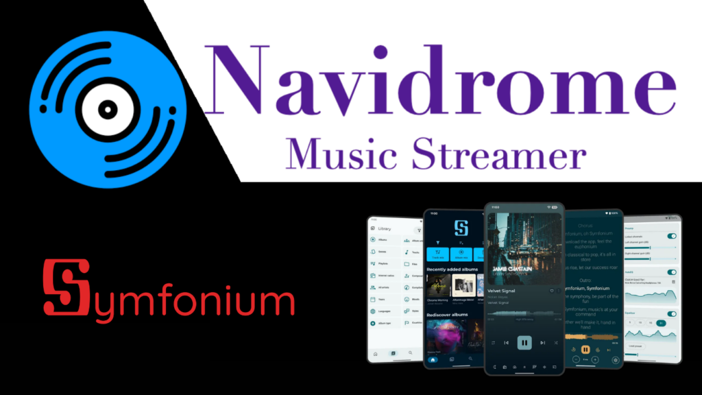 Logo de Navidrome e Symfonium con capturas de pantalla da aplicación